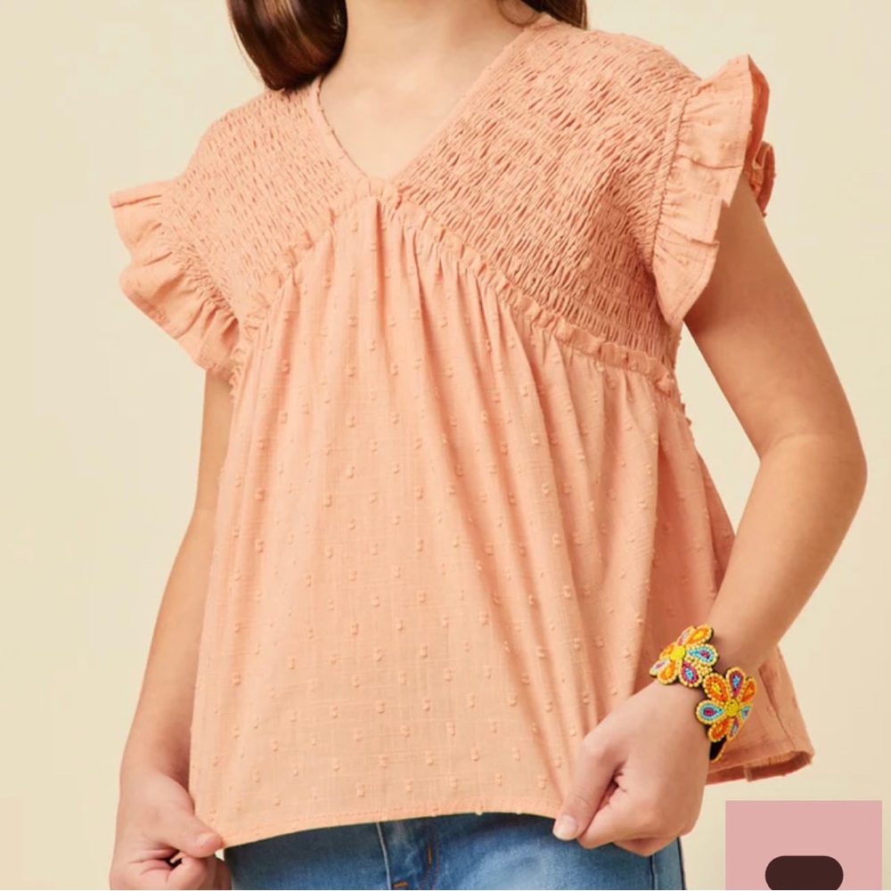 Hayden Girls Swiss Dot Smocked Bodice Ruffled Top, size M